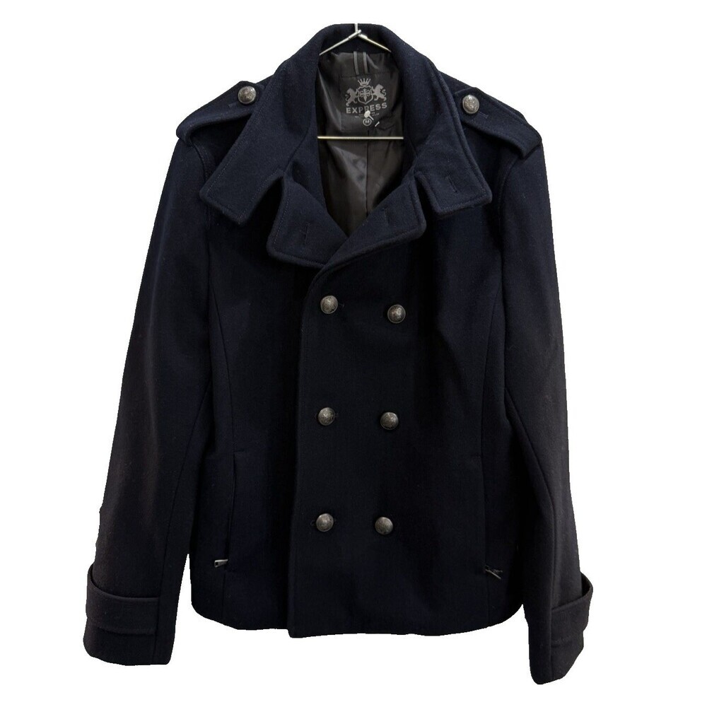 Express Mens Navy Double Breasted Wool Blend Sz M Peacoat Military Jacket